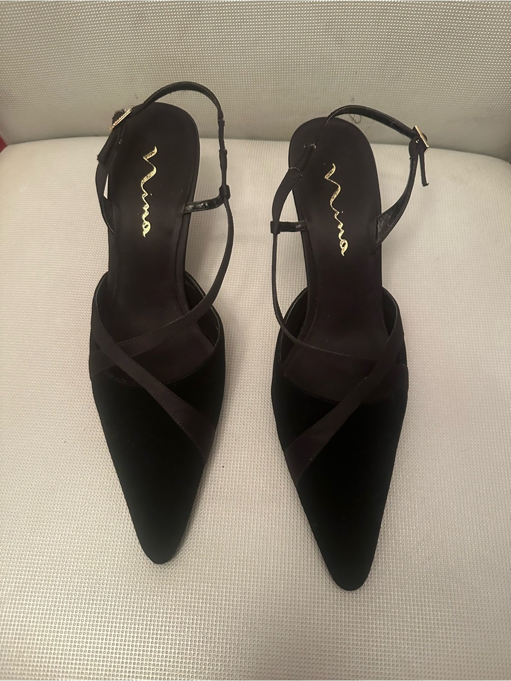 Nina Black Pointed-Toe Cross-Strap Velvet Satin 3’ Heels
